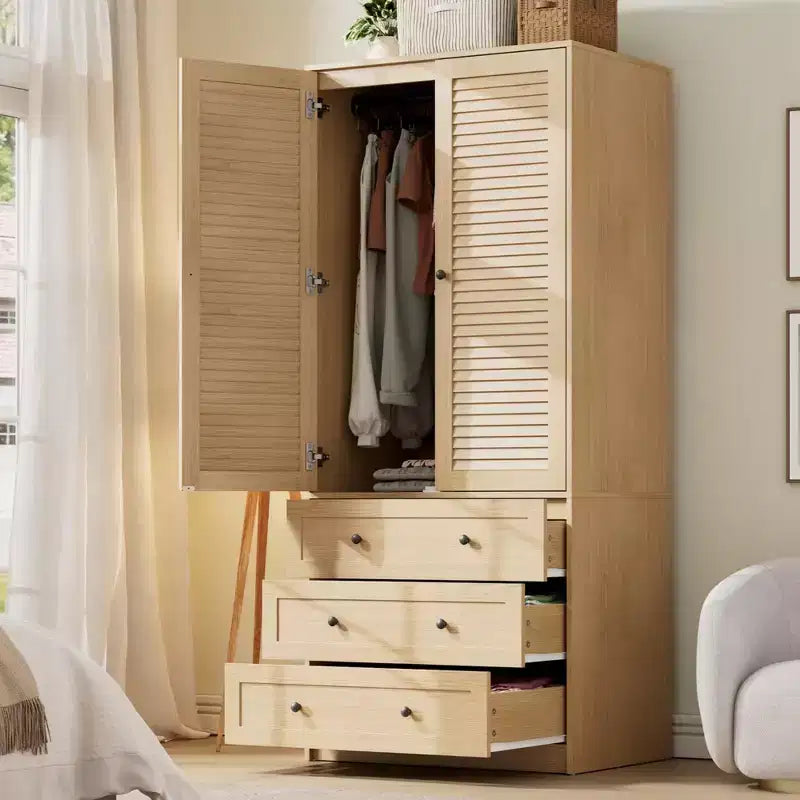 COZONY Kleiderschrank mit 3 Schubladen und 2 Türen, moderner Holzschrank fürs Schlafzimmer, robuster weißer Standkleiderschrank