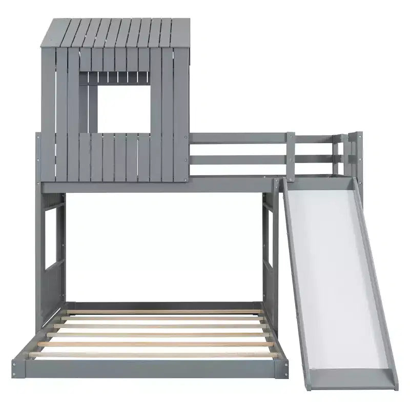 Luxystar houten stapelbed voor een eenpersoonsbed boven een tweepersoonsbed, met speelhuisje, glijbaan en veiligheidsleuningen
