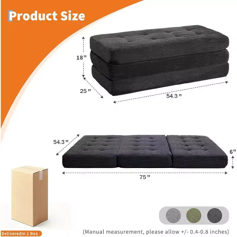Składany materac SunnyFurn o grubości 6 Inch, rozkładana sofa 3-częściowa, piankowe łóżko dla gości 75X54.3 z prążkowanego sztruksu, przenośne na kemping, do salonu i sypialni