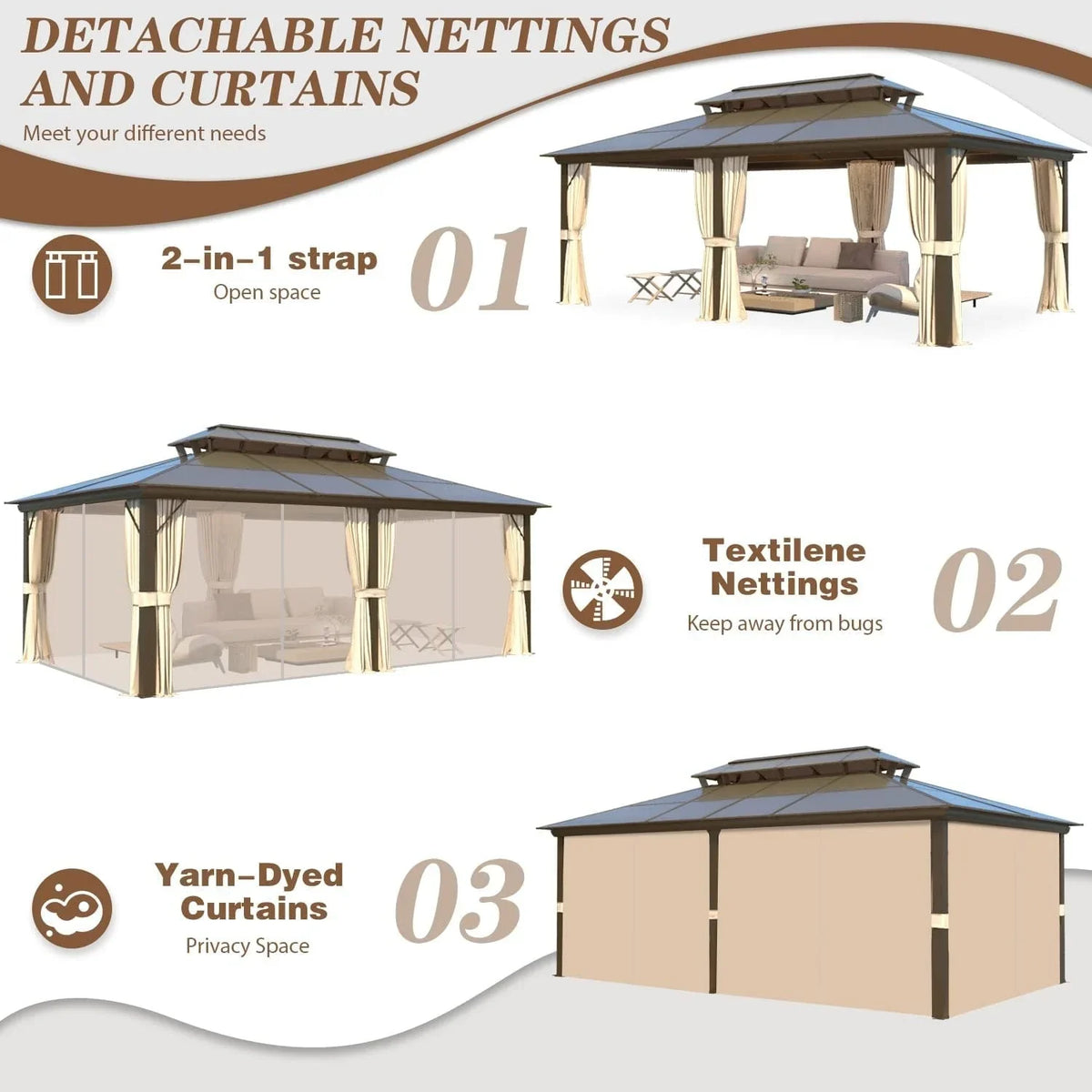 EROMMY Pavillon mit festem Dach, Pergola für den Außenbereich mit Doppeldach, Moskitonetz und Vorhängen, strapazierfähiges Sonnendach für Terrasse, Garten und Poolpartys