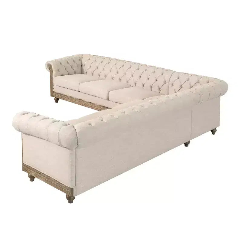 Duża retro sofa modułowa narożna Mirod z drewnianymi nogami, wygodna konstrukcja modułowa do salonu, strefy wypoczynkowej i przestrzeni rodzinnych