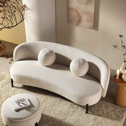 Gebogenes 3-Sitzer-Sofa mit kugelförmigen Kissen, beige Leinenmischung