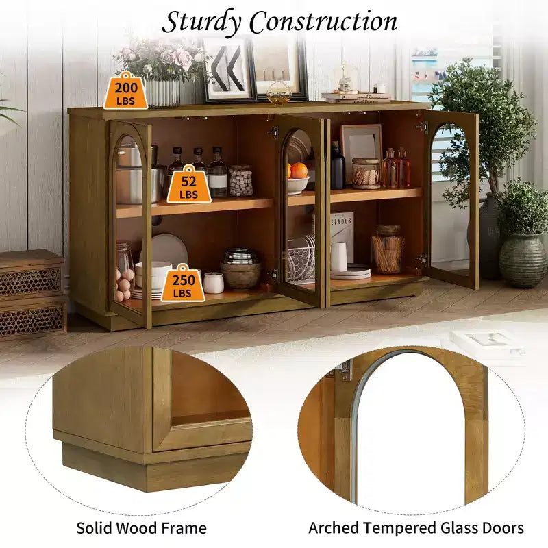 Grand buffet de rangement à 4 portes vitrées, armoire cintrée avec étagères réglables pour la cuisine