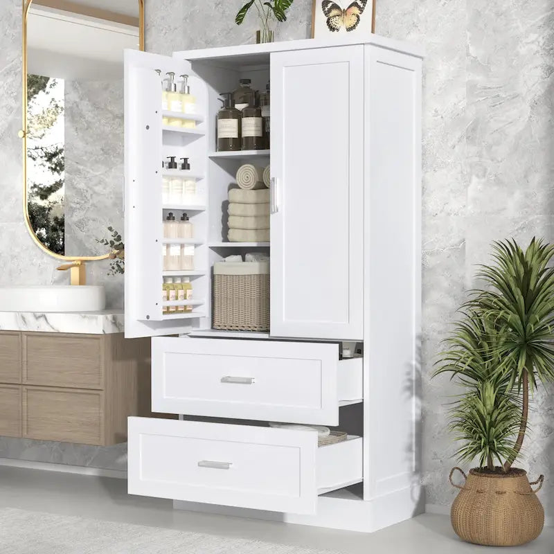 Armoire de rangement haute pour salle de bains avec deux portes et tiroirs, étagère réglable, panneau MDF