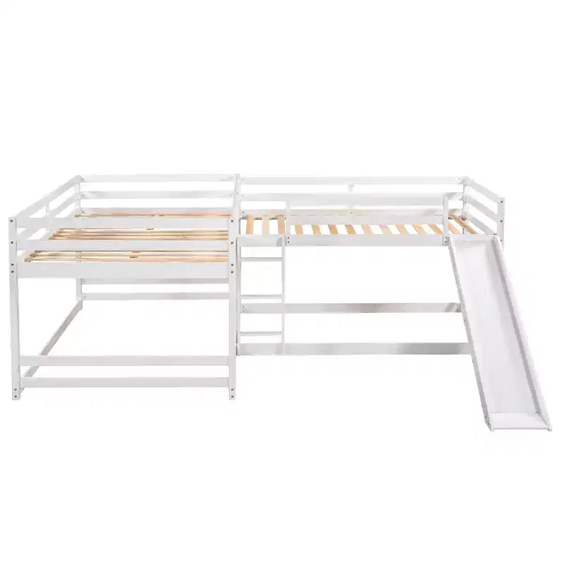 L-vormig stapelbed voor 4 kinderen, stapelbed voor vier met glijbaan, eenpersoonsbed en tweepersoonsbed, houten frame voor slaapkamer of studentenhuis