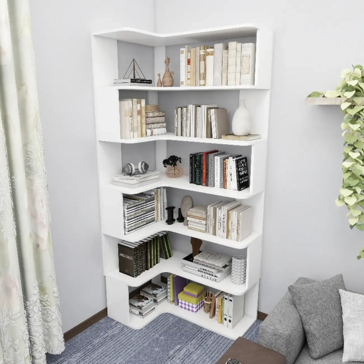 Hoekboekenkast van bewerkt hout met 6 planken