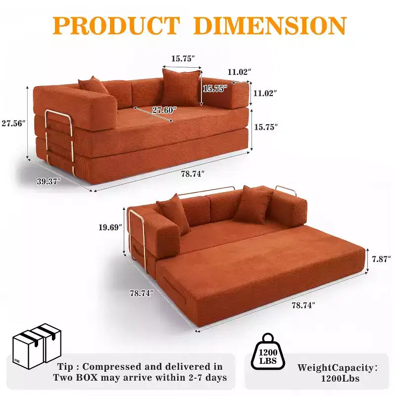 Dyonery 78 Klappsofabett, umwandelbares Cordsofa, Kingsize-Bodenschlafsofa, 4-in-1-DIY-Kombination, modulares Schlafsofa zum Ausklappen, bequemes Sofa.