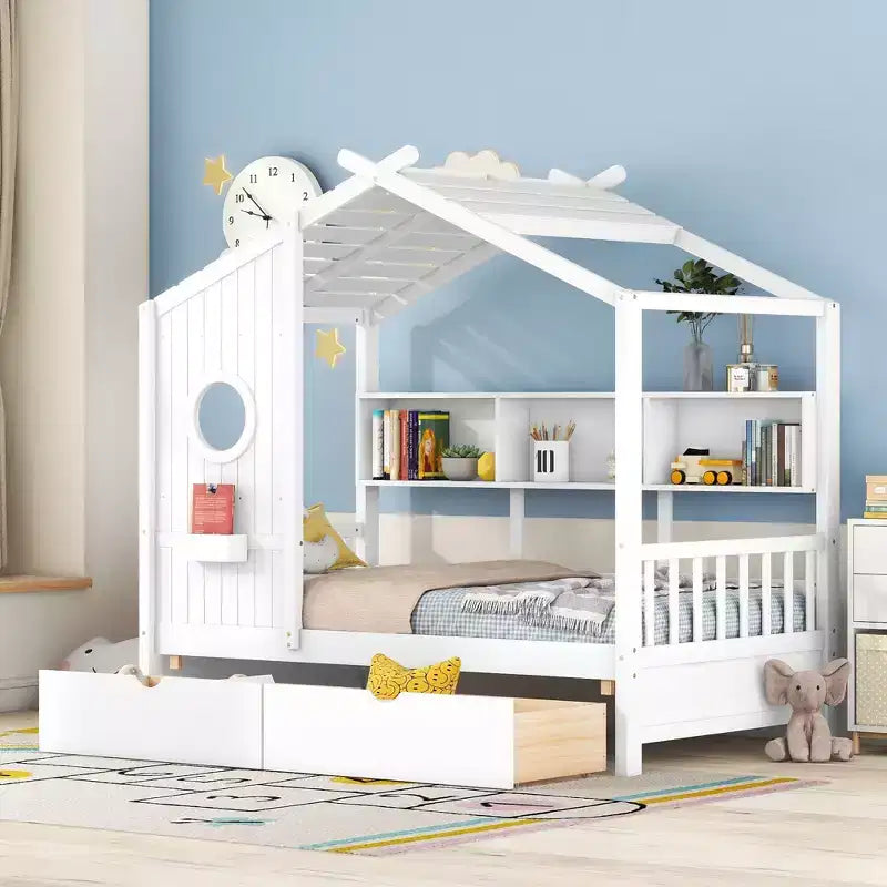 Drewniane łóżko domek w rozmiarze Twin/Full z 2 szufladami, łóżko dziecięce z półką do przechowywania - ModernLuxe