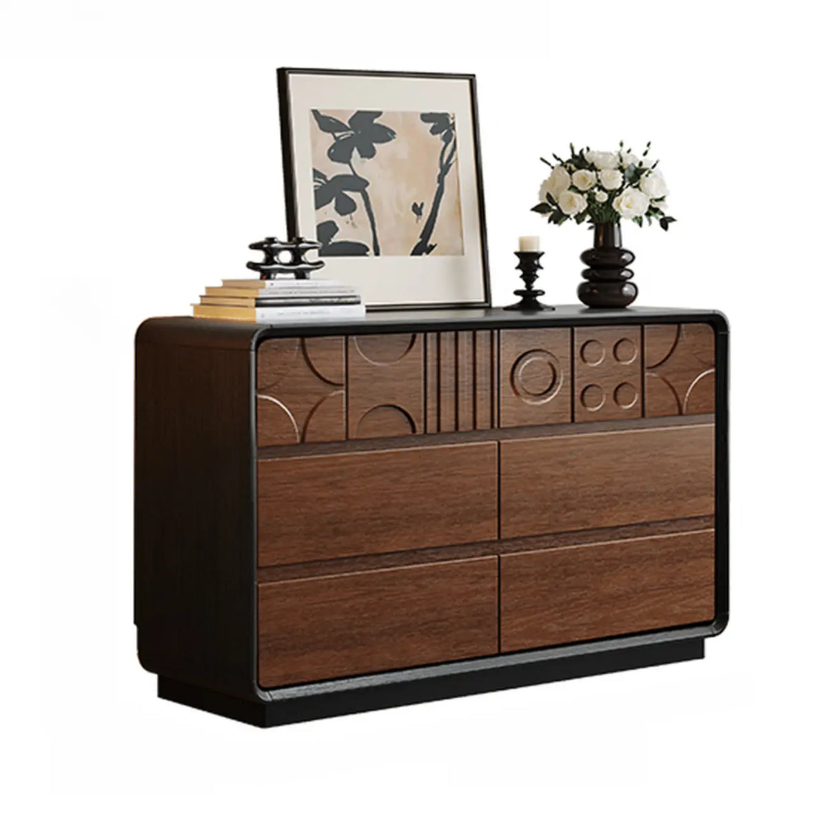 Commode en bois d’inspiration Art déco avec sculptures géométriques