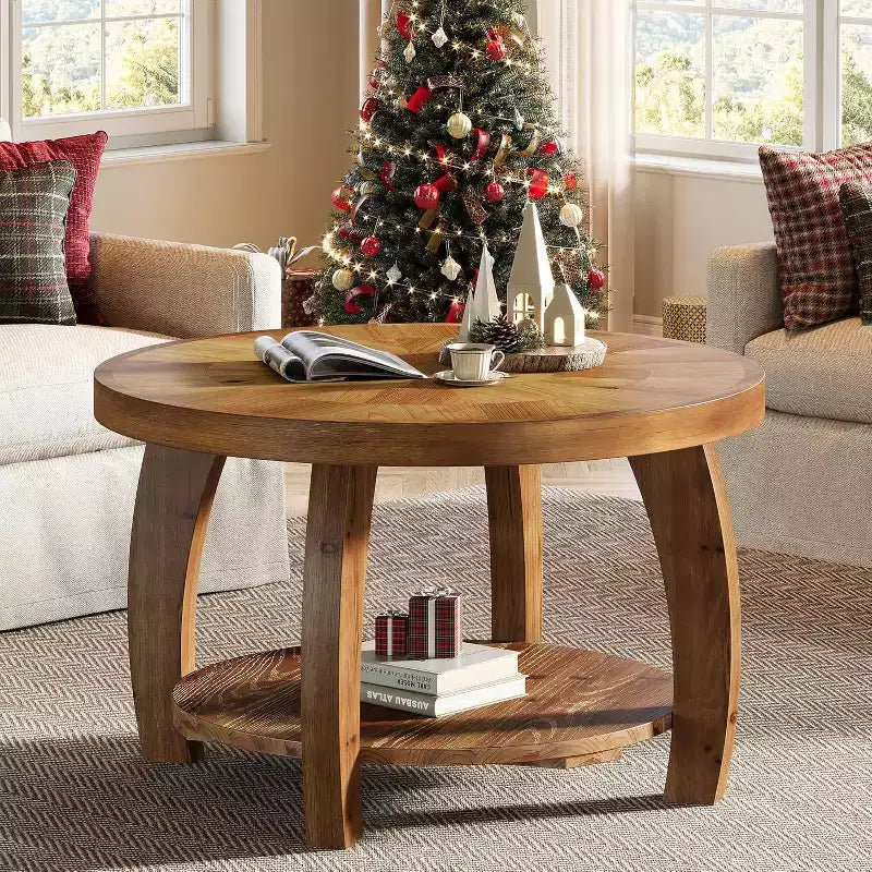 Lantine runder Couchtisch aus Massivholz, 2-stufiger Beistelltisch mit Stauraum, 31.5 Zoll Tischplatte mit Mosaikmuster, einfacher Aufbau, fürs Wohnzimmer, Braun