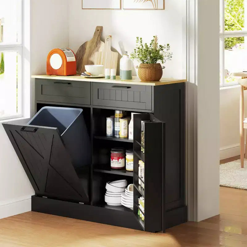 HOMCOM Küchenunterschrank für Mülltonne mit Klappfront und Schubladen, Landhausstil, mit versteckter Mülltonne