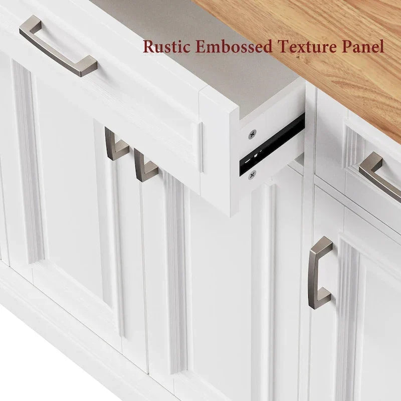 Grand îlot de cuisine avec rallonge rabattable en bois, chariot de cuisine roulant à texture gaufrée avec portes et tiroirs et rangements, blanc