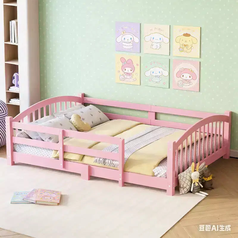 Lit Montessori bas Luxystar, taille grand lit, avec barrières de sécurité et tête de lit
