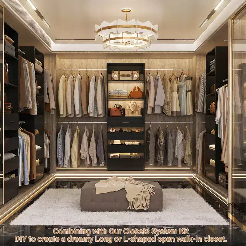 Système d'aménagement de dressing en bois Besiost de 4 à 9 pi avec 4 tiroirs, 4 tringles et des colonnes d'étagères