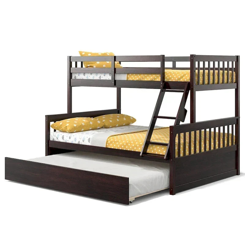 Lit superposé Gymax, couchage haut 1 place et couchage bas 2 places, avec lit gigogne 1 place et plateforme convertible
