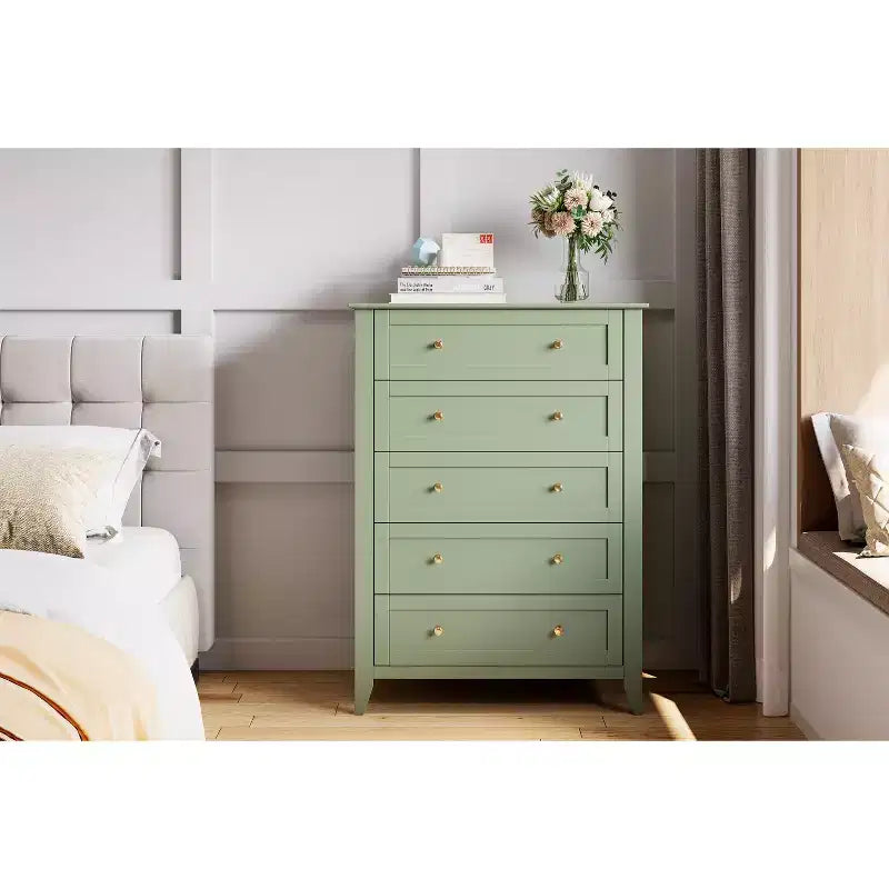 Kommode mit 5 Schubladen, 42.5 Zoll hoch, für das Schlafzimmer, Holzschrank mit 11.9 Zoll tiefen Schubladen und goldenen Metallgriffen, ideal für Eingangsbereich oder Flur