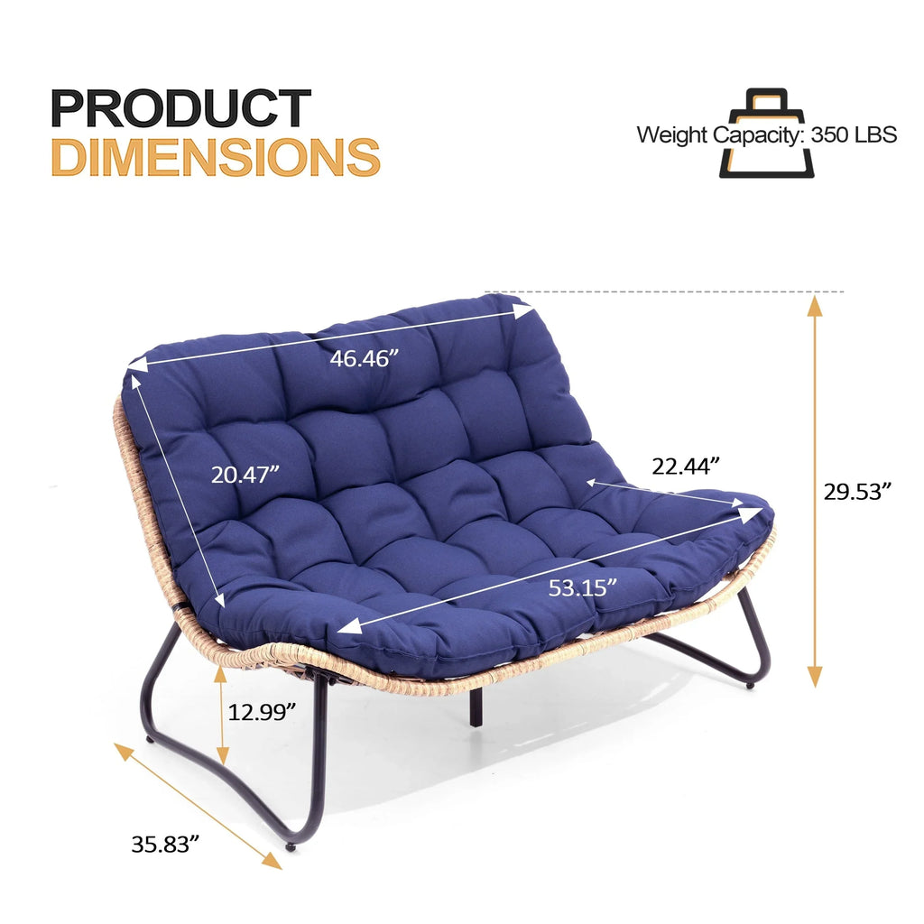 Doppel-Papasan-Sofa mit Sitzkissen, wetterfestes PE-Rattan und Metallgestell für Innen- und Außenbereich