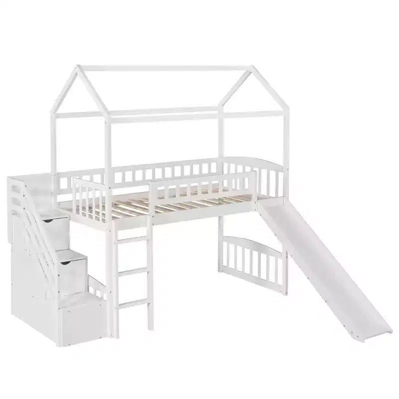 Hochbett in Hausform für Einzelbetten mit Rutsche und Treppe, Hochbett mit Schubladen, Holzhütten-Hochbett für Kinder und Kleinkinder