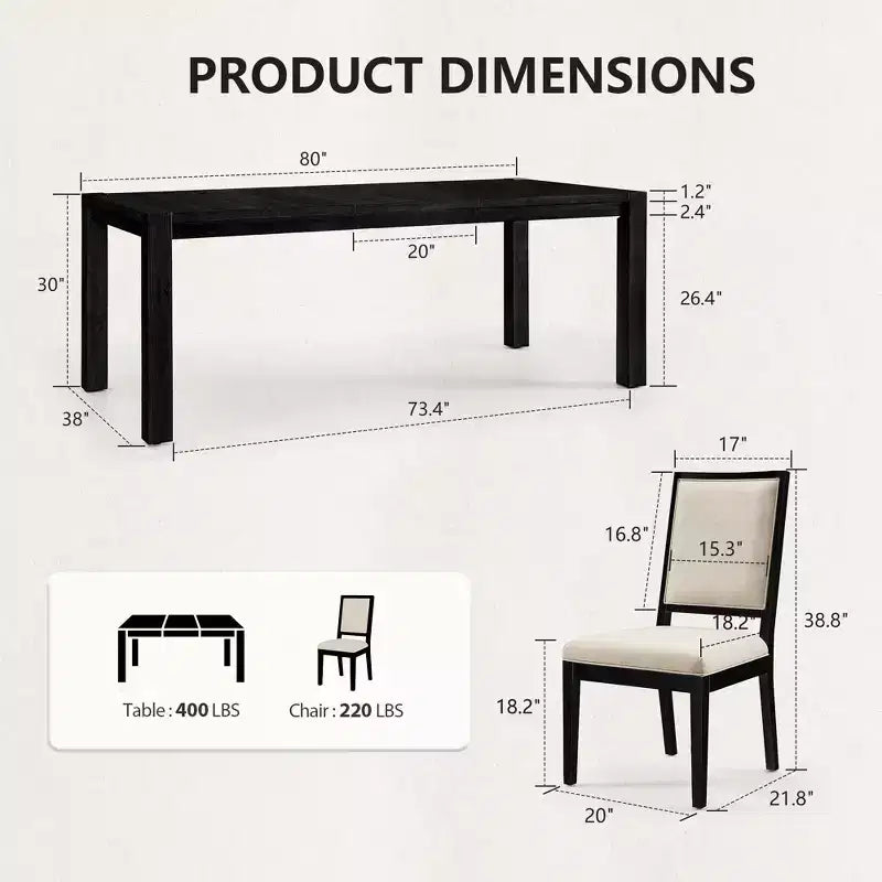 Moderne eetset - 80 tafel + 6 gestoffeerde stoelen, massief houten frame, tafelcapaciteit van 400 lbs, eenvoudig te monteren