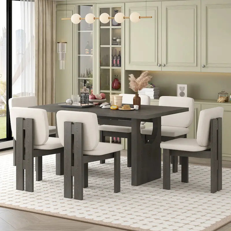 Ensemble de salle à manger 7 pièces, en bois massif, avec table rectangulaire, piètement à tréteaux et 6 chaises rembourrées