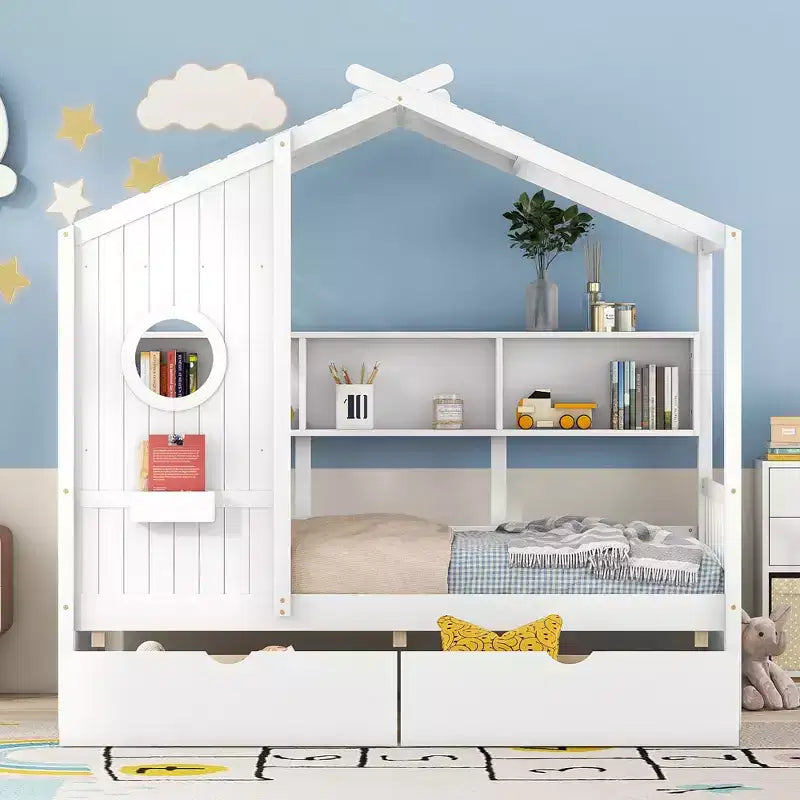 Holzhausbett in Twin-/Full-Size mit 2 Schubladen, Kinderbett mit Ablagefach - ModernLuxe