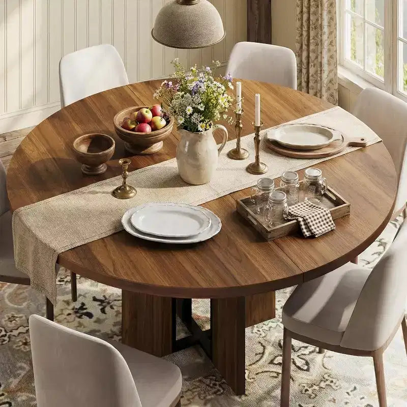 Table de salle à manger ronde extensible de 47-63 po pour 4-8 personnes, table de cuisine extensible en bois de style campagnard avec structure métallique, forme ovale peu encombrante pour appartement, gris rétro
