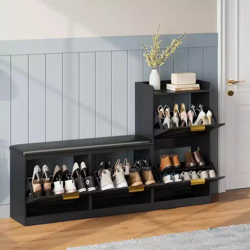 Meuble à chaussures avec banc et 4 tiroirs basculants - Rangement étroit pour entrée, pour 35-40 paires