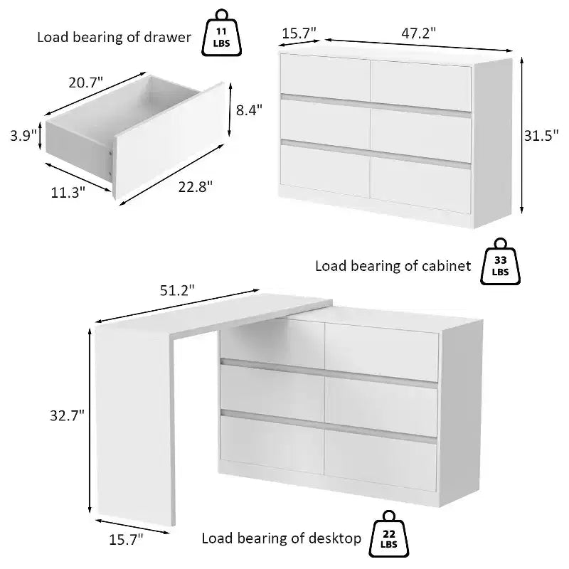Buffet avec rangement intelligent, pivotant et extensible, avec 6 tiroirs, comptoir prolongé, tapis antidérapant, table à manger pivotante et garde-manger pour îlot de cuisine