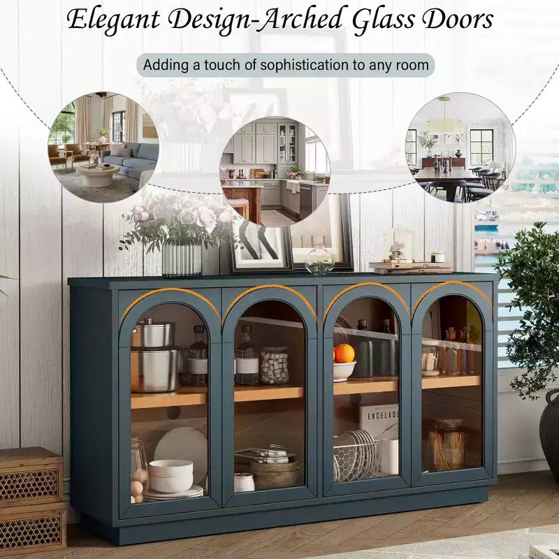 Grand buffet de rangement à 4 portes vitrées, armoire cintrée avec étagères réglables pour la cuisine