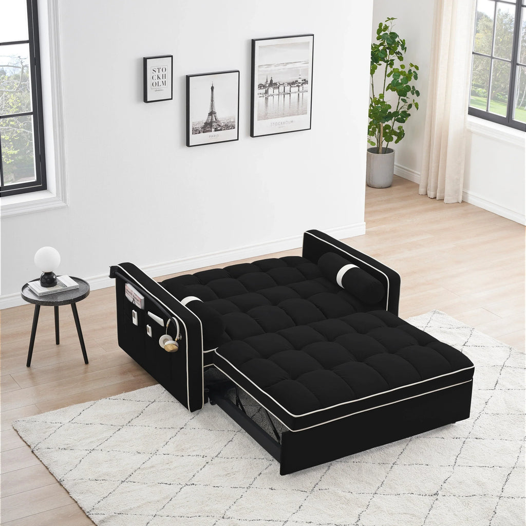 Canapé-lit convertible 2 places en velours de 55', avec lit escamotable, dossier inclinable réglable, poches latérales et support pour téléphone