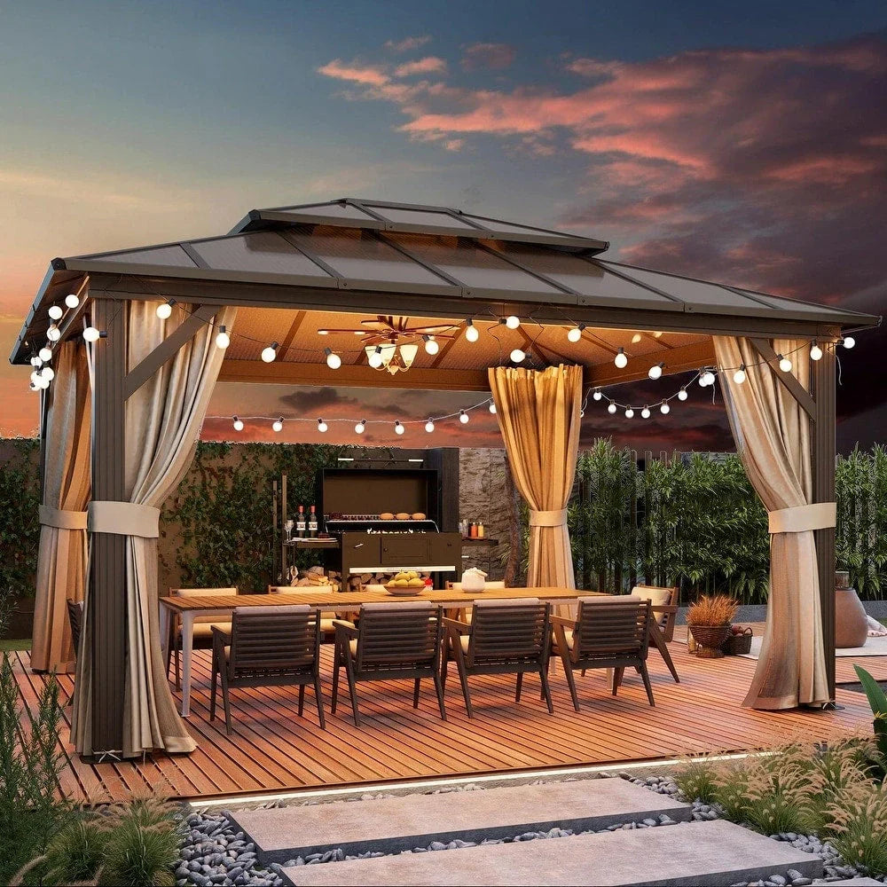 EROMMY Pavillon mit festem Dach, Pergola für den Außenbereich mit Doppeldach, Moskitonetz und Vorhängen, strapazierfähiges Sonnendach für Terrasse, Garten und Poolpartys
