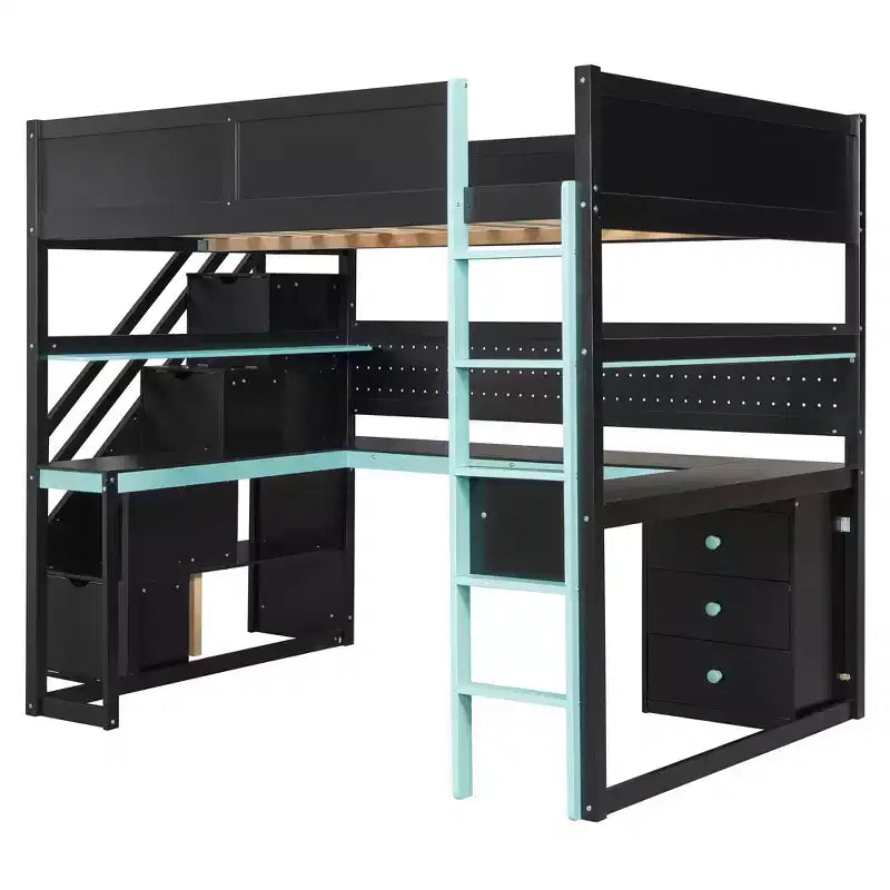 GDFStudio Scott houten gaminghoogslaper met opberktrap, bureau, planken en pegboard
