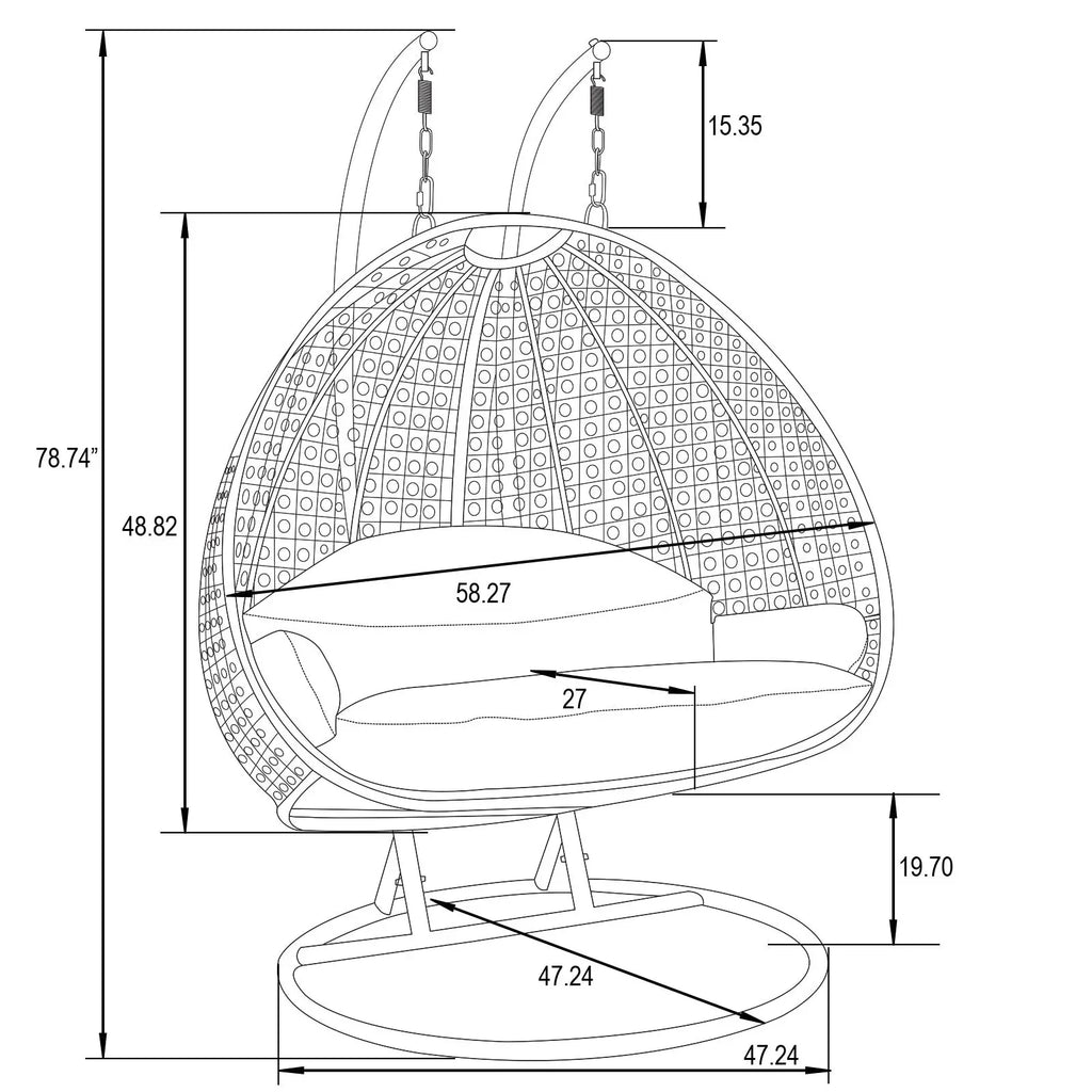 LeisureMod Hängesessel in Ei-Form für 2 Personen mit Gestell - Rattan-Pendelsessel für drinnen und draußen, Hängemattensessel für die Terrasse mit Kissen