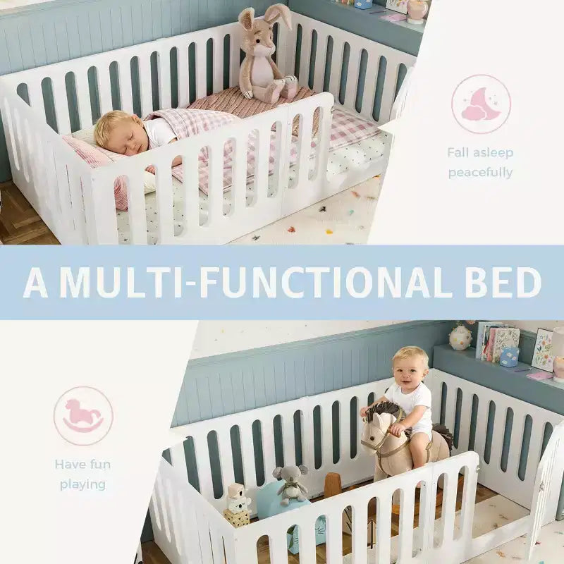 Weißes Montessori-Bodenbett in Einzelbettgröße mit Umzäunung und Tür ??Massivholz, 1 Kind