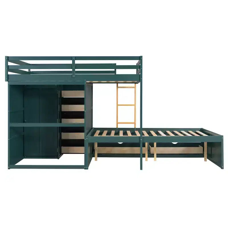 Stapelbed met twee tweepersoonsbedden, opbergkast en laden, houten stapelbed in tweepersoonsformaat met ruimtebesparend ontwerp en veiligheidsreling voor appartement en slaapkamer