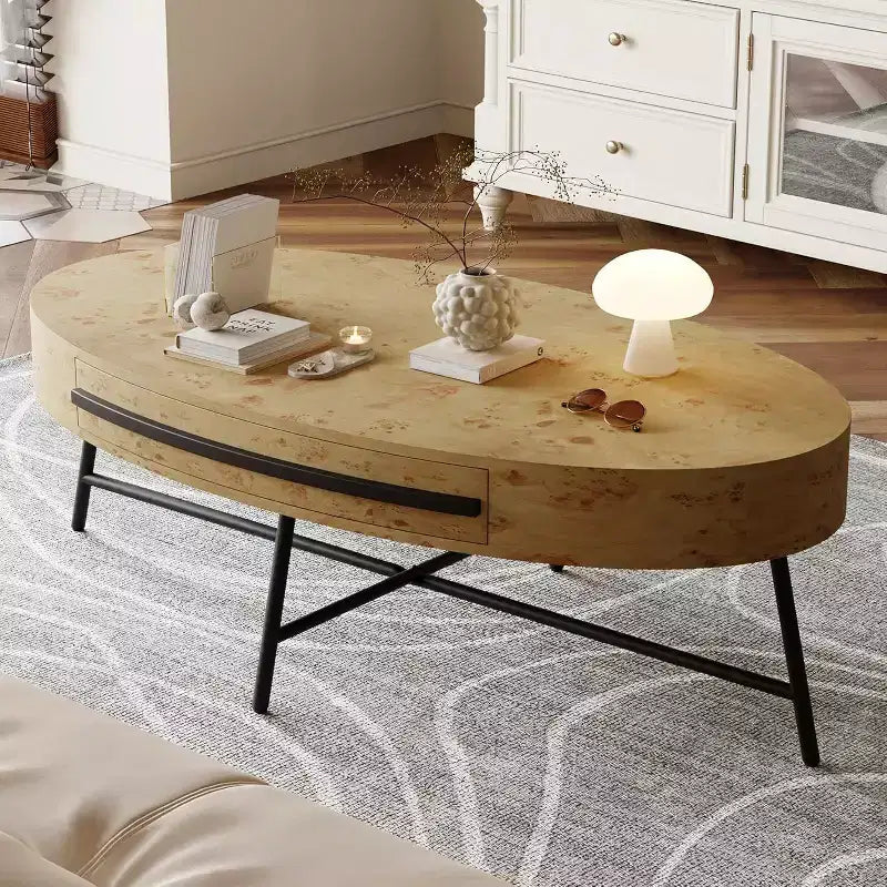 Acekool ovaler Couchtisch mit Schublade, 47.2, Holztisch mit Stauraum und gekreuzten Metallbeinen, moderner Mid-Century-Couchtisch in Naturfarben und goldenem Weidenholz