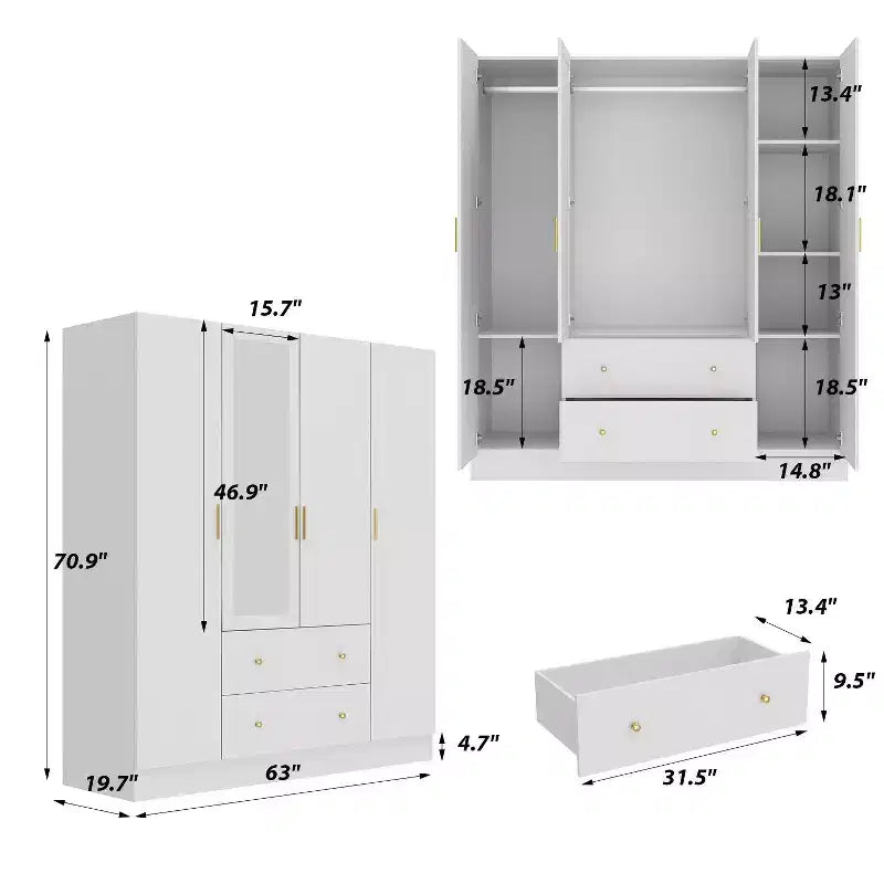 Hitow-kledingkast met 2 grote laden, centraal hanggedeelte en spiegel, minimalistische stijl