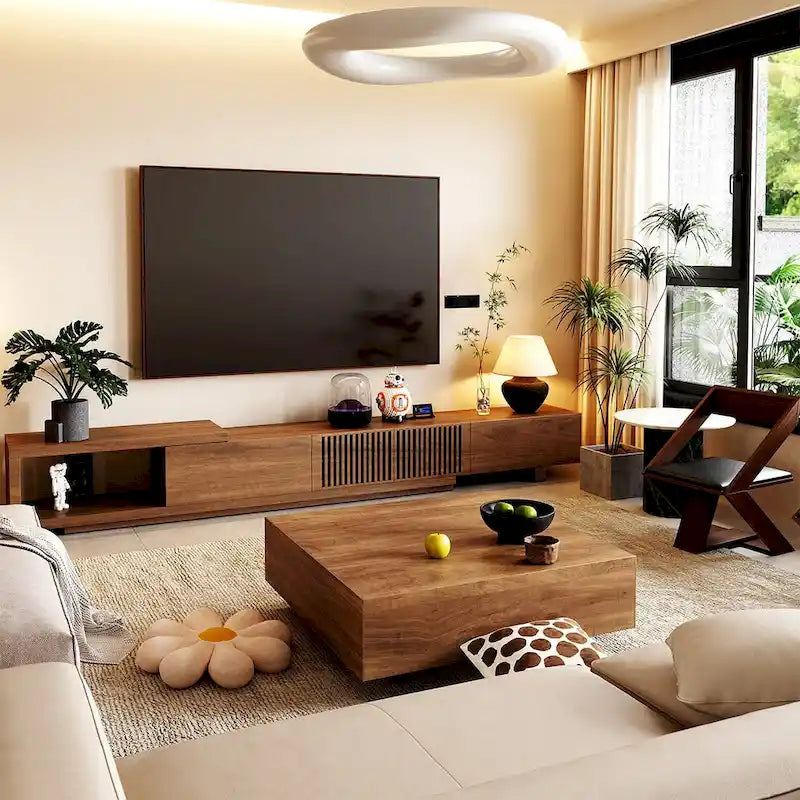 Nowoczesna rozsuwana i rozkładana szafka RTV z 4 szufladami, do 103 cali - 78.54D x 15.74W x 13.78H