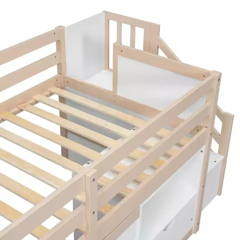 Okak hoogslaper van massief hout voor eenpersoonsbed met trap en opbergruimte, laag stapelbed met lades en planken, multifunctionele hoogslaper voor kinderen en tieners