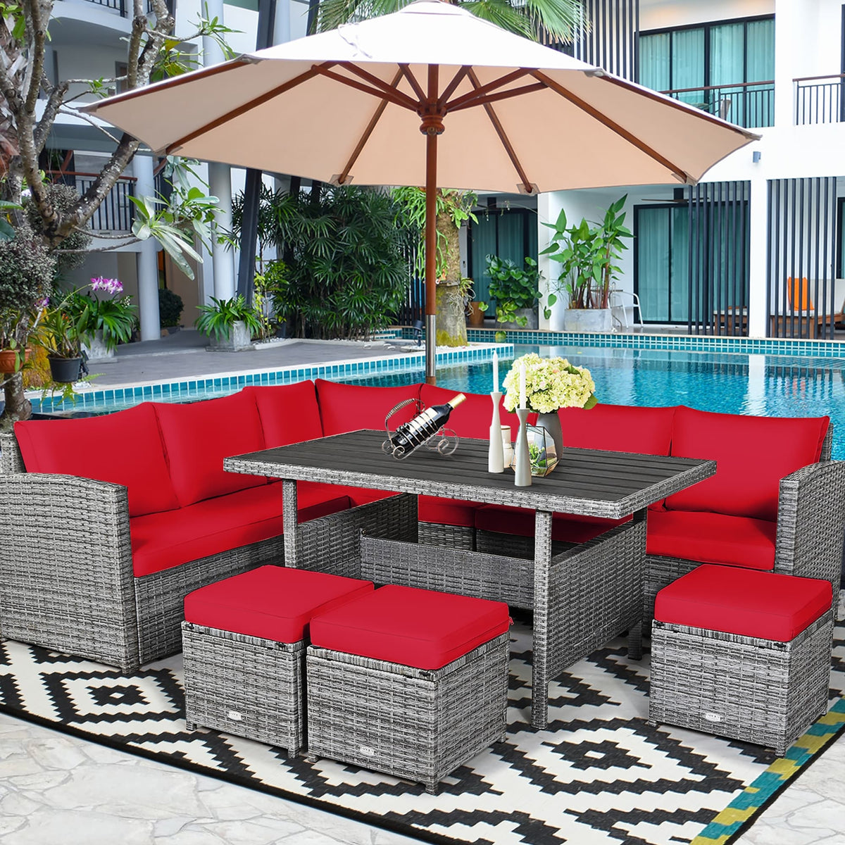 Costway 7-teiliges Ess-Set aus Polyrattan für die Terrasse mit Ecksofa und Hocker - Details ansehen