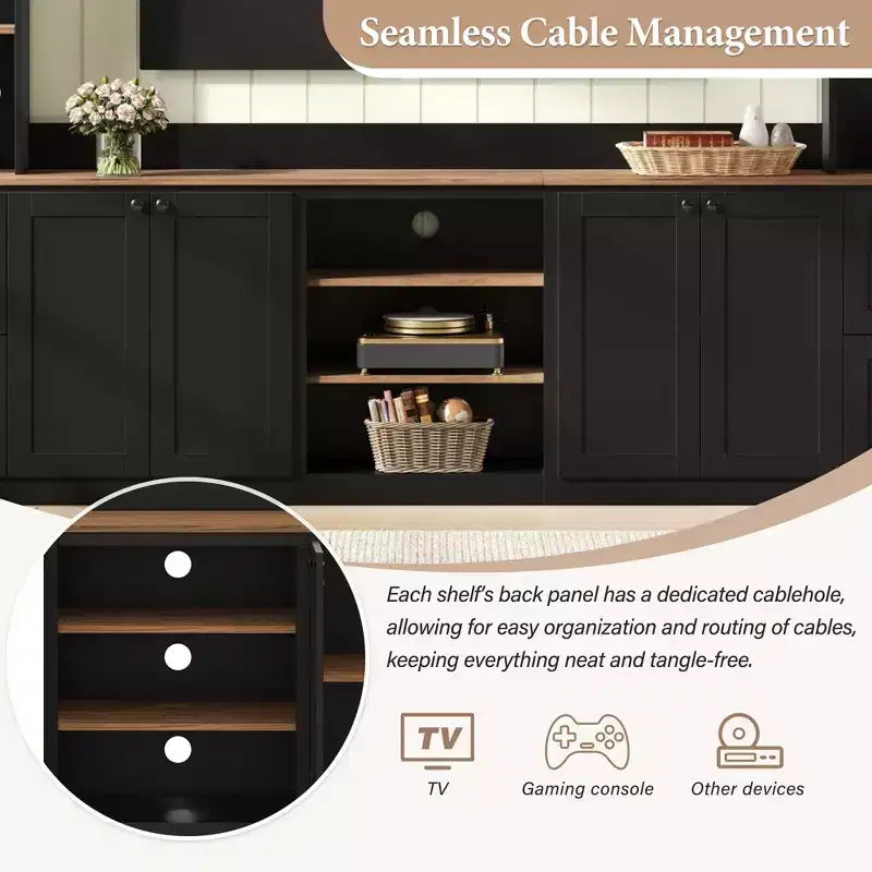 Meuble mural de divertissement de style champêtre ModernLuxe 4 en 1, compatible avec les téléviseurs jusqu'à 70, meuble TV et console multimédia avec étagères réglables et tiroirs