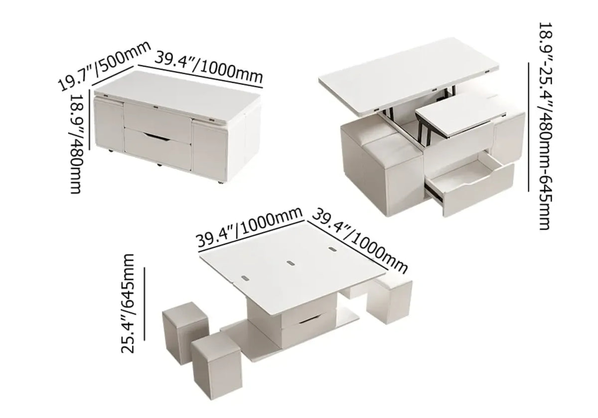 Klappbarer Couchtisch mit Hubplatte, 4 Hockern und Stauraum