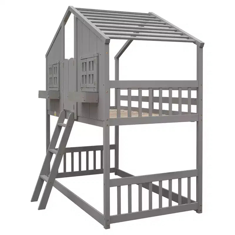 Hoogslaper in huisvorm voor een eenpersoonsbed, houten speelhuis-hoogslaper met ladder en veiligheidsleuningen voor kinderen