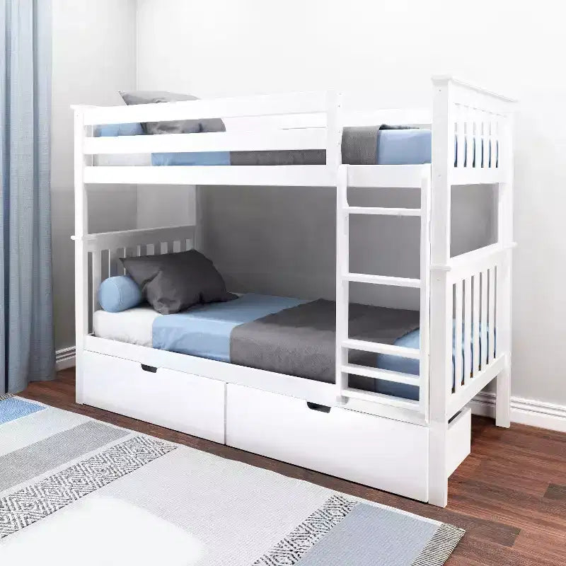 Etagenbett aus Massivholz für Kinder, zwei Einzelbetten übereinander, mit Stauraumschubladen unter dem Bett
