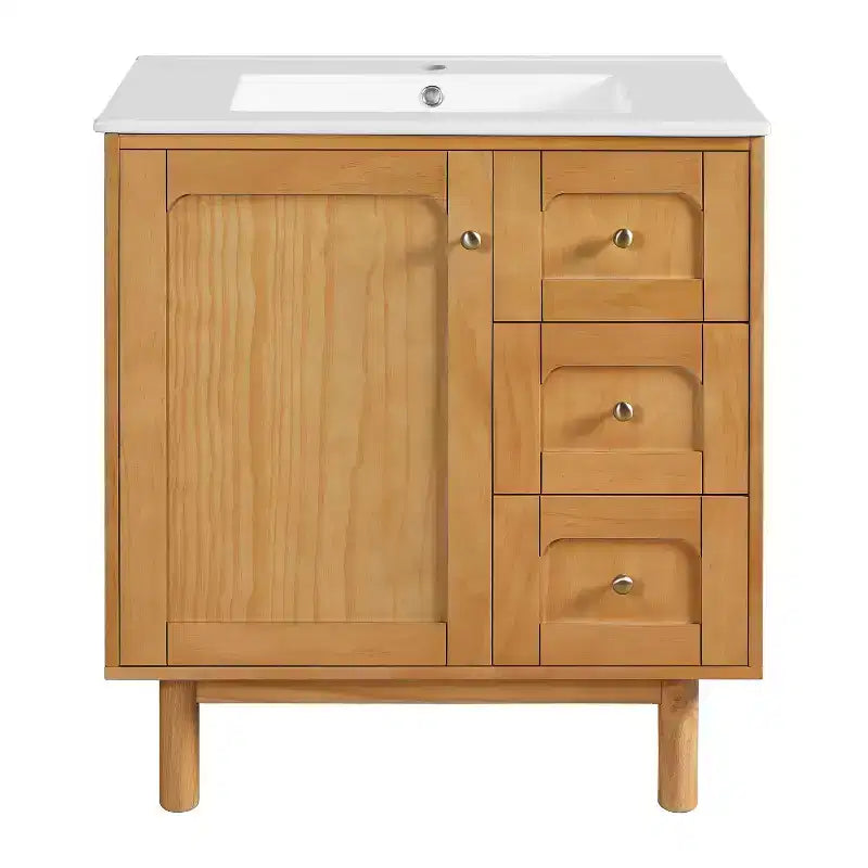 JVNOXK 30-calowa ceramiczna szafka łazienkowa w stylu rustykalnym i nowoczesnym, z 3 szufladami i 1 dużymi drzwiczkami z cichym domykiem, szafka do przechowywania, naturalny rysunek drewna
