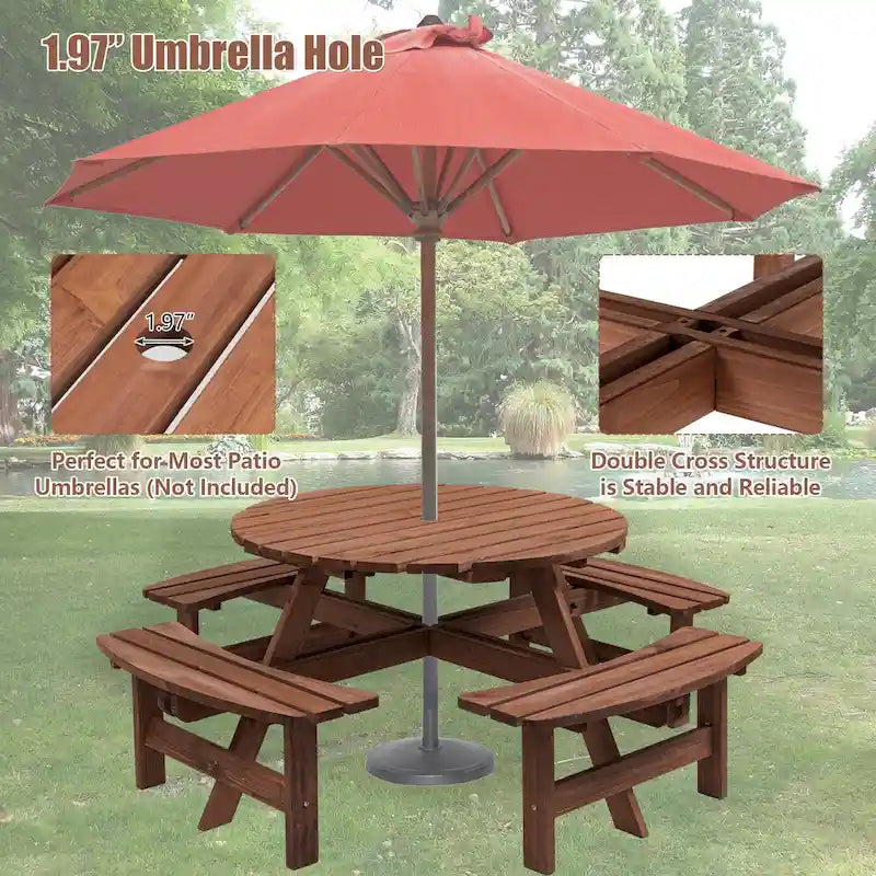 Rundes Picknickset aus Douglasienholz für 8 Personen für Terrasse und Garten, mit 4 integrierten Bänken und Schirmloch