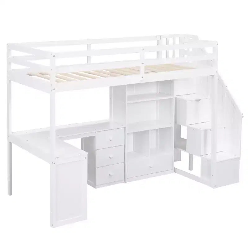 Hochbett in Einzelbettgröße mit L-förmigem Schreibtisch, 3 Schubladen, Schrank und Stauraum in der Treppe, Konstruktion aus massivem Kiefernholz/MDF