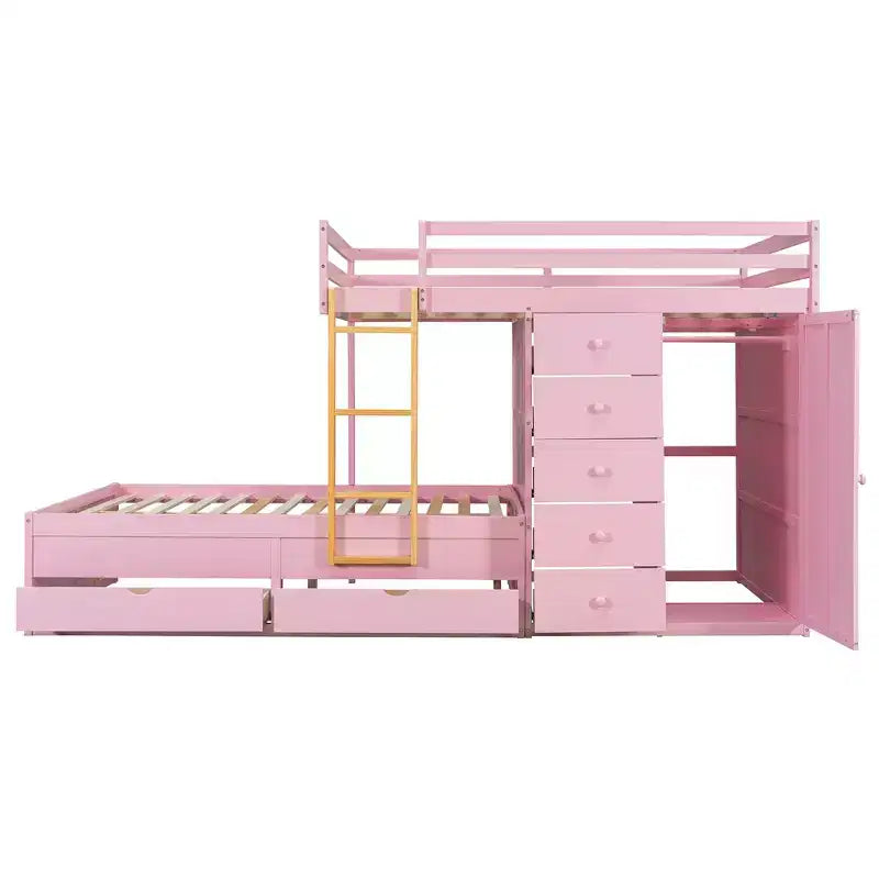 Stapelbed met twee tweepersoonsbedden, opbergkast en laden, houten stapelbed in tweepersoonsformaat met ruimtebesparend ontwerp en veiligheidsreling voor appartement en slaapkamer