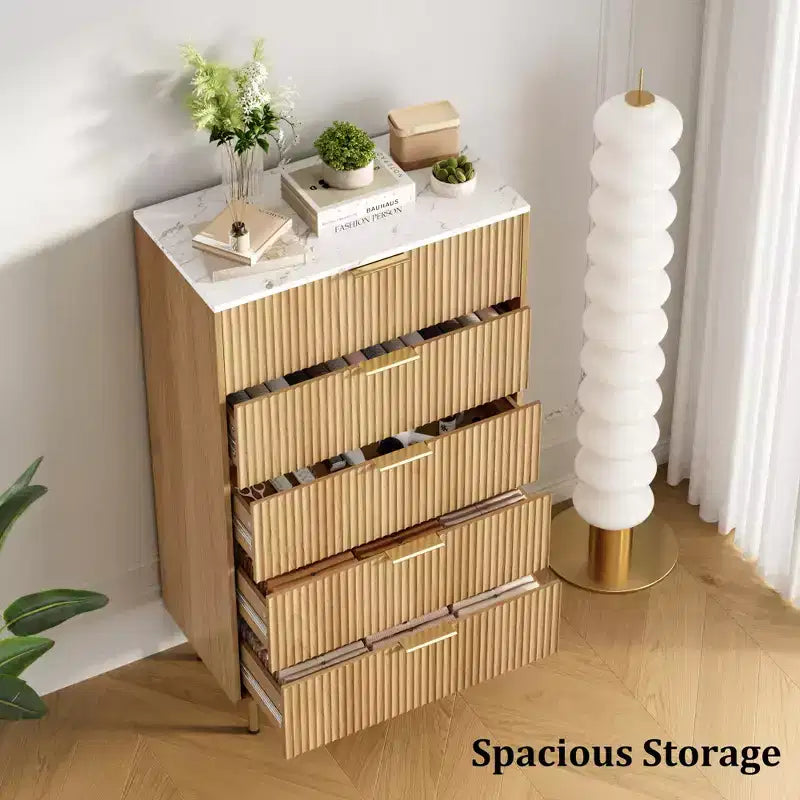 Commode blanche / marbre et bois à 5 tiroirs ?C panneau cannelé, pour 1 personne