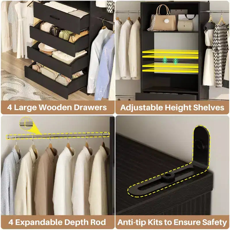 Système d'aménagement de dressing en bois Besiost de 4 à 9 pi avec 4 tiroirs, 4 tringles et des colonnes d'étagères